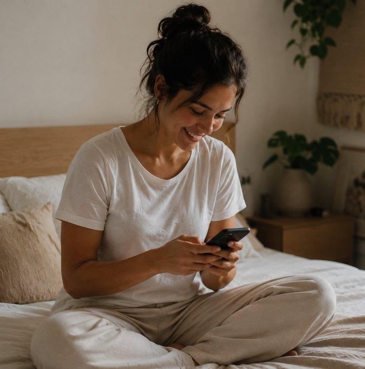 Gestante sentada na cama respondendo o check-in no celular