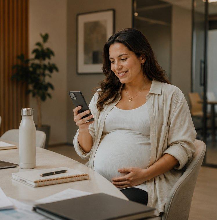 Gestante sorrindo enquanto usa o celular em casa