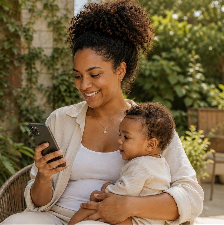 Mãe com o bebê no colo olhando o celular